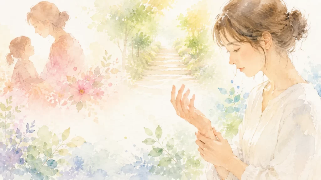 手を見つめながら子供の頃に母と過ごした過去を思い出す女性