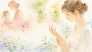 手を見つめながら子供の頃に母と過ごした過去を思い出す女性