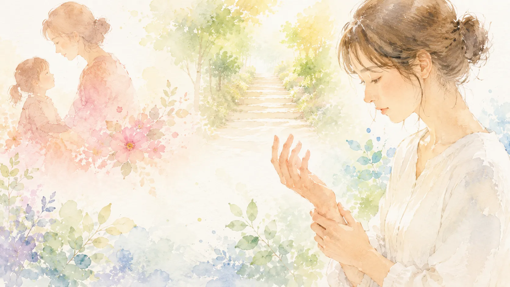 手を見つめながら子供の頃に母と過ごした過去を思い出す女性