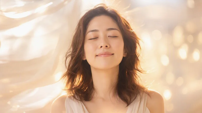 ヒプノセラピー（催眠療法）で深くリラックスし、潜在意識が癒やされている女性