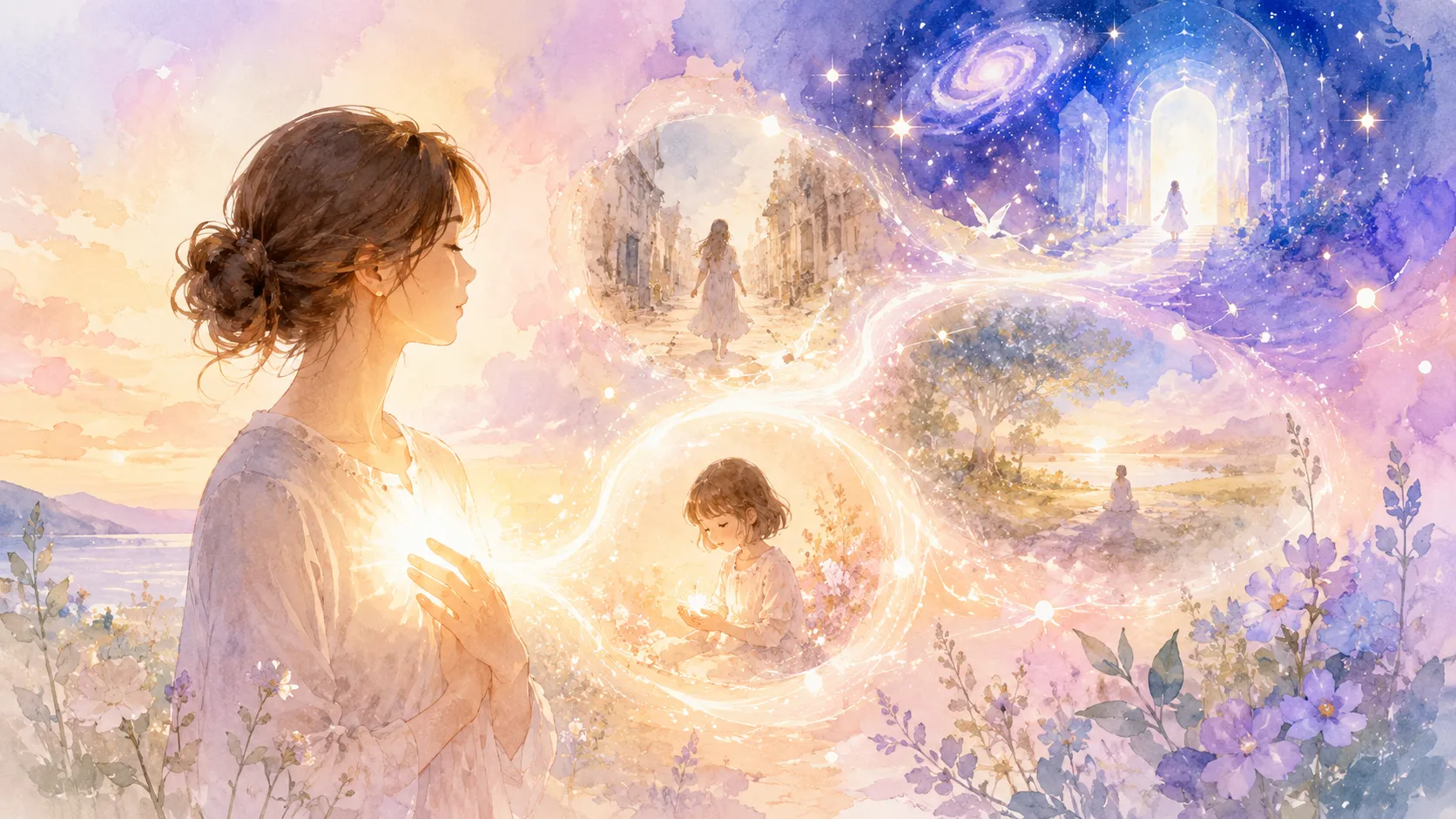 生きづらさの原因を見つめ、本来の自分を取り戻していく様子を表現した水彩イラスト