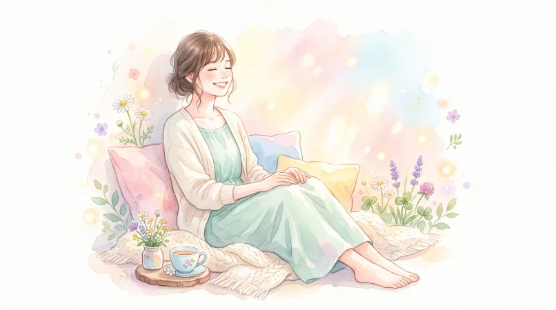 ぽかぽかとした太陽の光の中で、メンタルブロックと優しく付き合いリラックスして微笑む女性のイラスト